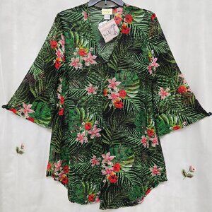 JORDAN TAYLOR* TROPICAL PALM MESH* TUNIC BEACH COVER-UP BELL SLEEVES* SIZE: M